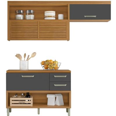 Cozinha Compacta em MDF Nesher Princesa com 3 Portas, 6 Prateleiras e 2 Gavetas Freijo e Grafite