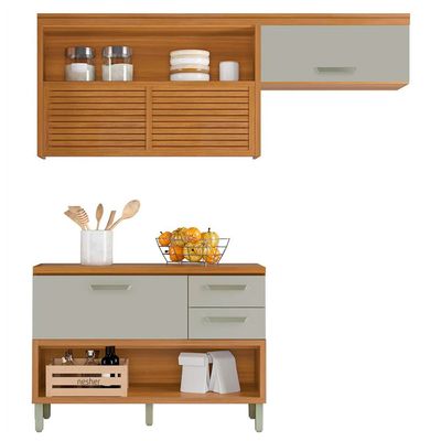 Cozinha Compacta em MDF Nesher Princesa com 3 Portas, 6 Prateleiras e 2 Gavetas Freijo e Off White