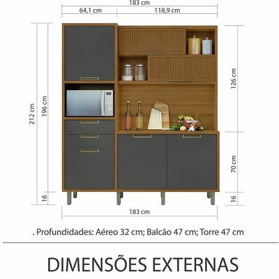 Cozinha em MDF Loft Nesher Imperatriz 6 Portas 2 Gavetas 11 Prateleiras Cinza com Marrom