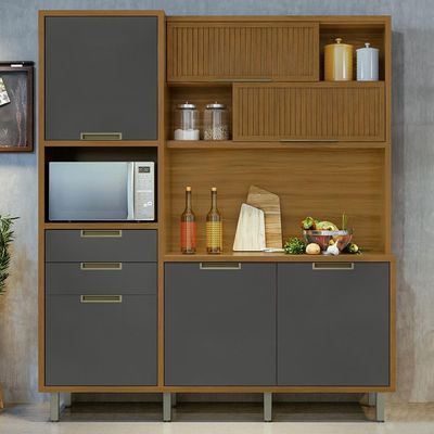 Cozinha em MDF Loft Nesher Imperatriz 6 Portas 2 Gavetas 11 Prateleiras Cinza com Marrom