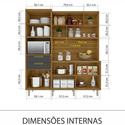 Cozinha em MDF Loft Nesher Imperatriz 6 Portas 2 Gavetas 11 Prateleiras Cinza com Marrom
