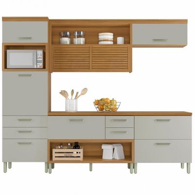 Cozinha Completa em MDF Nesher Princesa com 6 Portas 6 Gavetas e 12 Prateleiras Freijo e Off White