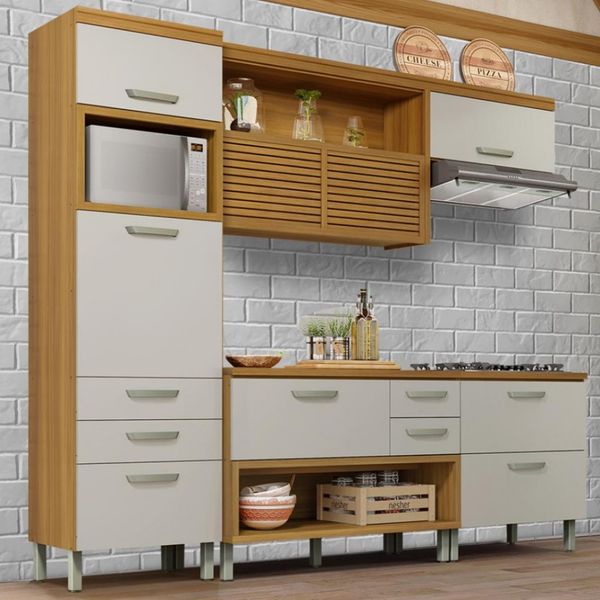 Cozinha Completa em MDF Nesher Princesa com 6 Portas 6 Gavetas e 12 Prateleiras Freijo e Off White