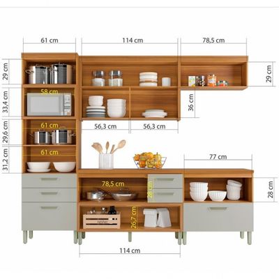 Cozinha Completa em MDF Nesher Princesa com 6 Portas 6 Gavetas e 12 Prateleiras Freijo e Off White