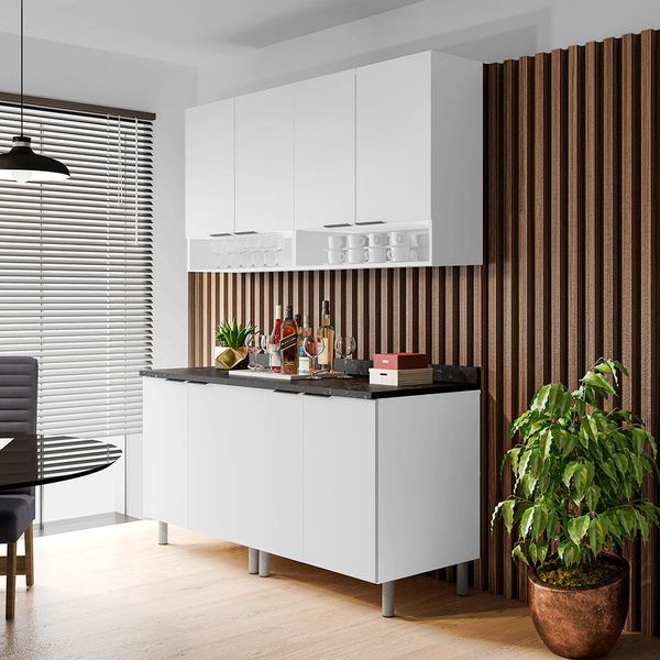 Cozinha Compacta Bartira Rubi com 8 Portas, 4 Prateleiras e Nicho Branco