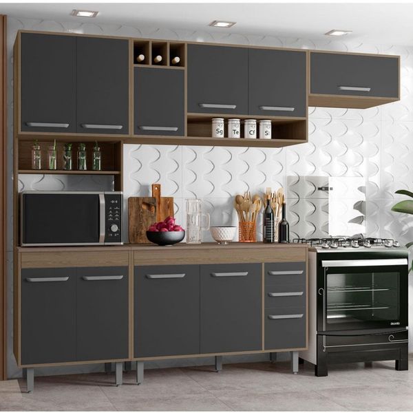 Cozinha Completa Poliman Barcelona com 11 Portas, 2 Gavetas e 4 Prateleiras - 258cm de largura Carvalho com Grafite