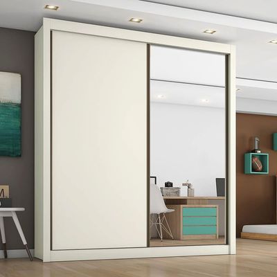 Guarda-Roupa Móveis Europa Zurique Flex com Espelho, 2 Portas de Correr e 4 Gavetas Off White e Brauna