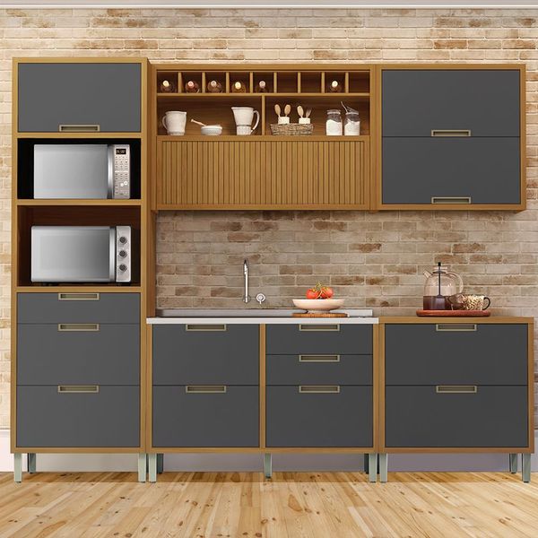 Cozinha Completa em MDF Nesher Imperatriz com 6 Portas 8 Gavetas e 11 Prateleiras 270cm Freijo e Grafite