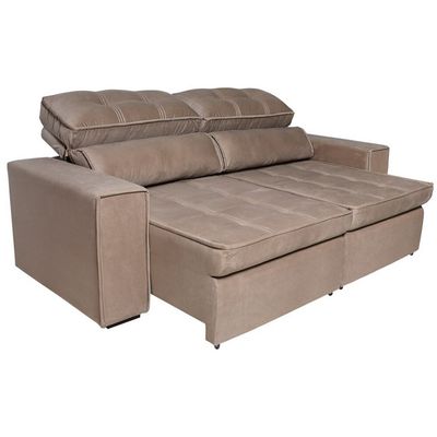 Sofá 5 Lugares Luizzi Bugatti II com Assento Retrátil Encosto Reclinável e Tecido Veludo Plush Cappuccino