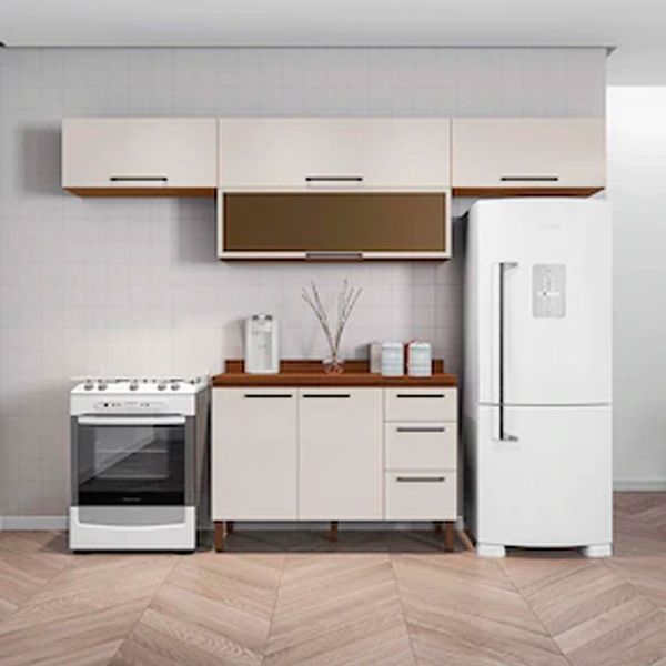 Cozinha Kit`s Paraná Viv Concept com 5 Portas 3 Gavetas 2 Prateleiras Off White com Marrom