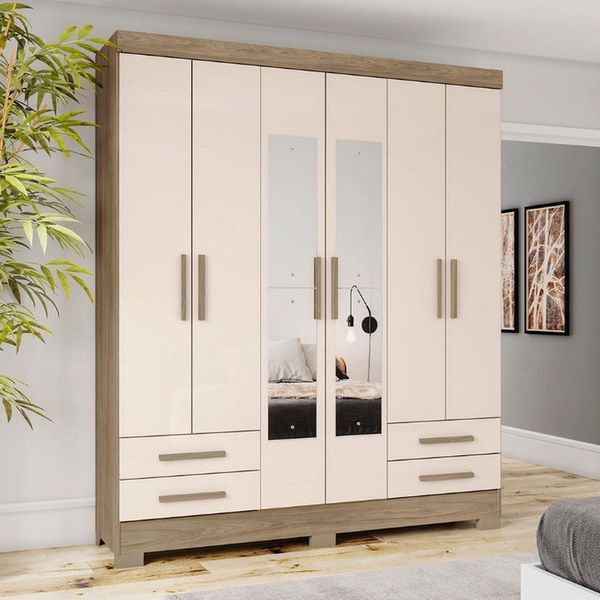 Guarda-Roupa Casal Henn Lucena com Espelho, 6 Portas e 4 Gavetas Rústico com Off White
