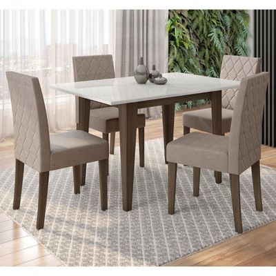 Mesa de Jantar Kate 4 Cadeiras Estofadas e Revestidas Tecido Suede Poliman Móveis Amêndoa e Off White