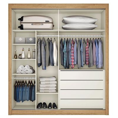 Guarda-Roupa Móveis Europa Zurique Flex com Espelho, 2 Portas de Correr e 4 Gavetas Amêndoa e Off White