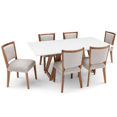 Mesa de Jantar Herval Moara com 6 Cadeiras em Poliéster Off White com Amêndoa
