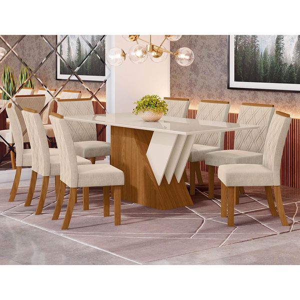Mesa de Jantar Henn Vicensa com 8 Cadeiras Attuale em Suede Nature e Off White com Linho
