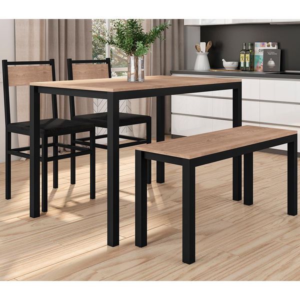 Mesa de Jantar Conceito com 2 Cadeiras e 1 Banco Fabone Preto com Nogueira Mesa de Jantar Conceito com 2 Cadeiras e 1 Banco Fabone Preto com Nogueira