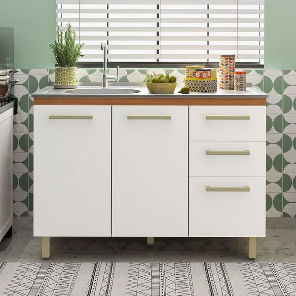 Balcão Savoy com 2 Portas 3 Gavetas 1 Prateleira e Pia Ghelplus King com Válvula 120cm de largura Demóbile Amêndola com Branco