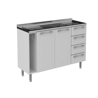 Balcão Diamante 4 Gavetas 2 Portas e Pia Inox 120cm Itatiaia Branco