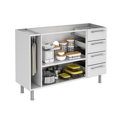 Balcão Diamante 4 Gavetas 2 Portas e Pia Inox 120cm Itatiaia Branco