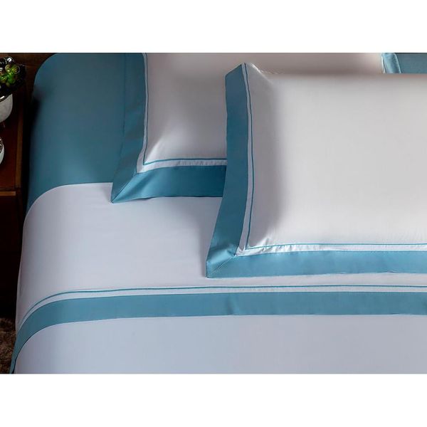 Jogo de Cama Queen Size Plumasul Trendy Percal 250 Fios com 4 Peças Branco com Azul