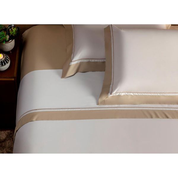 Jogo de Cama King Size Plumasul Trendy Percal 250 Fios com 4 Peças Branco com Cáqui