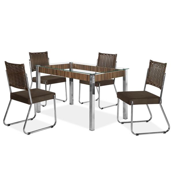 Mesa de Jantar Claudia com 4 Cadeiras com Assento Estofado em Animale Aço Nobre Marrom Mesa de Jantar Claudia com 4 Cadeiras com Assento Estofado em Animale Aço Nobre Marrom