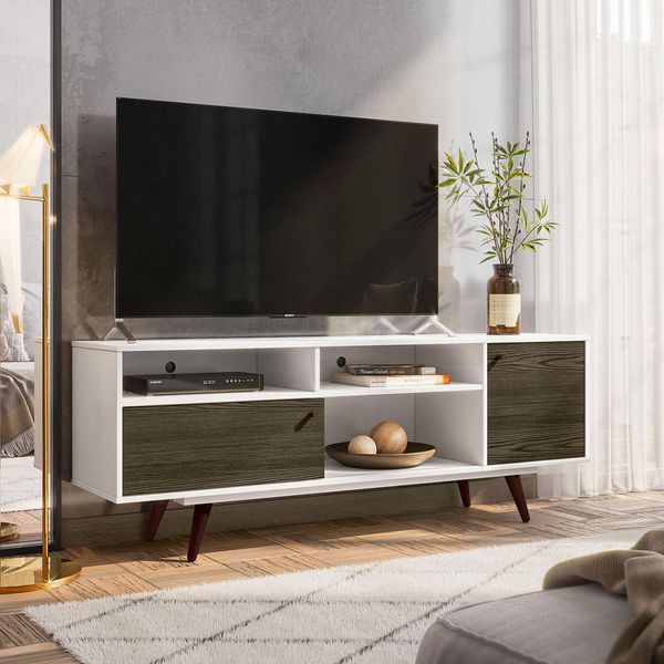 Rack Olivar Móveis Barcelona para TVs de até 49 Branco com Amêndoa