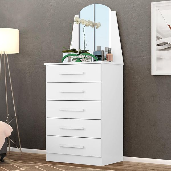 Cômoda Palumóveis Veneza com 5 Gavetas e Espelho Branco Cômoda Palumóveis Veneza com 5 Gavetas e Espelho Branco