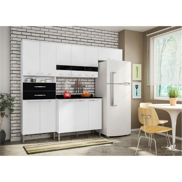 Cozinha Completa Safira Plus com 11 Portas, 2 Gavetas e 6 Prateleiras Bartira Branco com Preto Cozinha Completa Safira Plus com 11 Portas, 2 Gavetas e 6 Prateleiras Bartira Branco com Preto