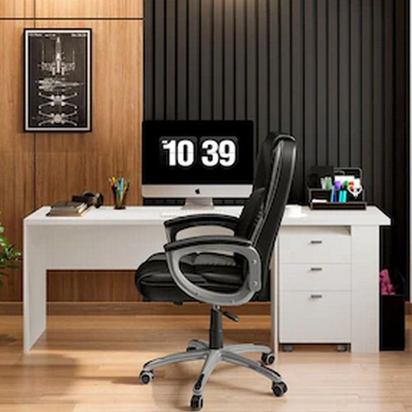 Conjunto para Escritório com Mesa Extensor e Gaveteiro Artely Milani e Cadeira Giratória Dorel Presidente Oslo Branco com Preto