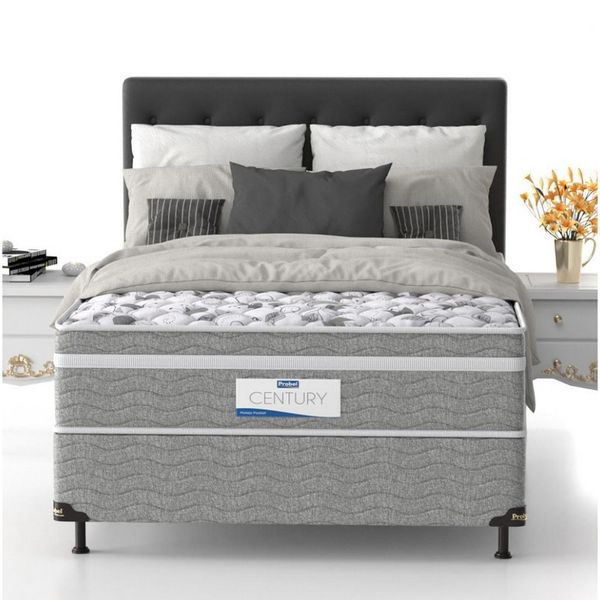 Cama Box de Casal Probel Century D28 com Molas Pocket e Pillow Euro 70x138x188cm Branco com Cinza