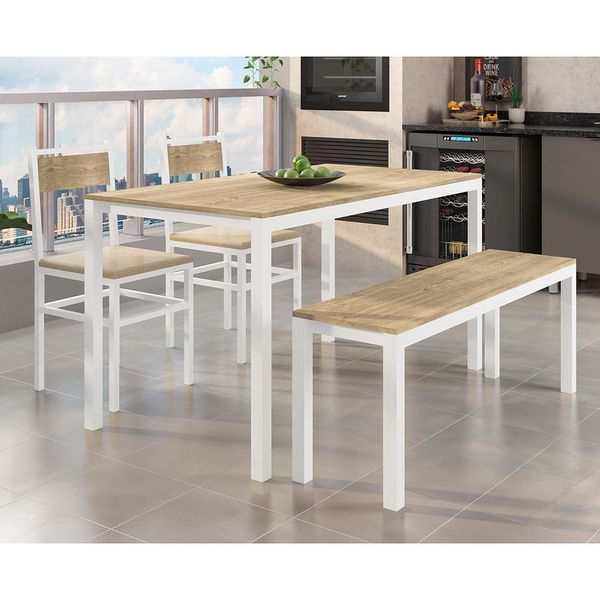 Mesa de Jantar Fabone Conceito 136 x 80cm com 2 Cadeiras e 1 Banco Conceito 126 x 33cm Branco, Natura e Bege