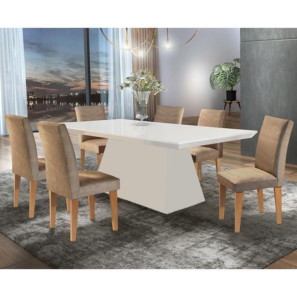 Mesa de Jantar Rufato Luna com 6 Cadeiras Off White com Animale Chocolate