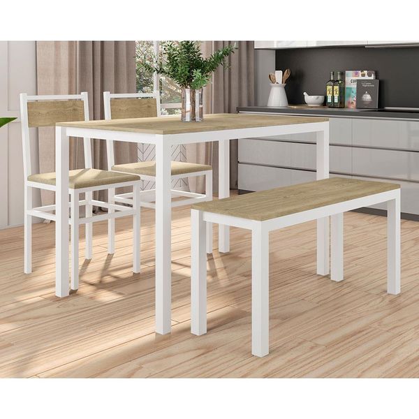 Mesa de Jantar Fabone Conceito 110 x 68cm com 2 Cadeiras e 1 Banco Conceito 100 x 33cm Branco, Natura e Bege