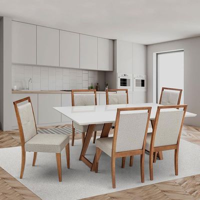 Mesa de Jantar Moara com 6 Cadeiras Viana Herval Off White, Amêndoa e Cinza