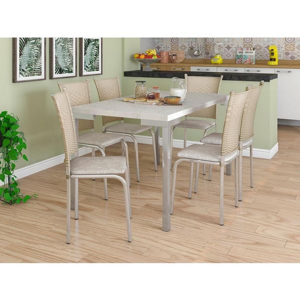 Mesa de Jantar Aço Nobre Kansas com 6 Cadeiras Bege com Cinza Mesa de Jantar Aço Nobre Kansas com 6 Cadeiras Bege com Cinza