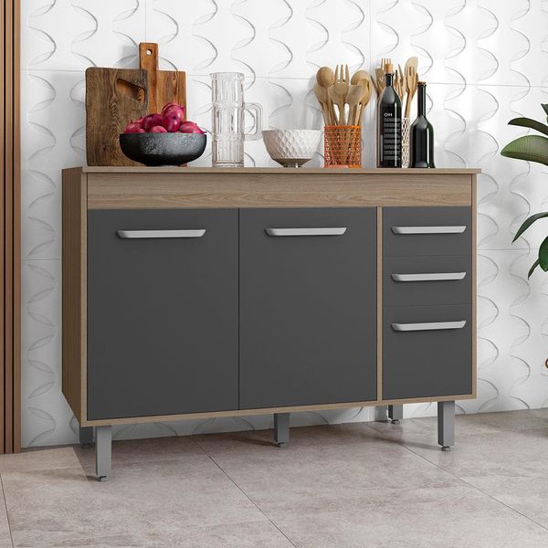 Balcão Barcelona com 3 Portas 2 Gavetas e 1 Prateleira Poliman Carvalho com Grafite Balcão Barcelona com 3 Portas 2 Gavetas e 1 Prateleira Poliman Carvalho com Grafite