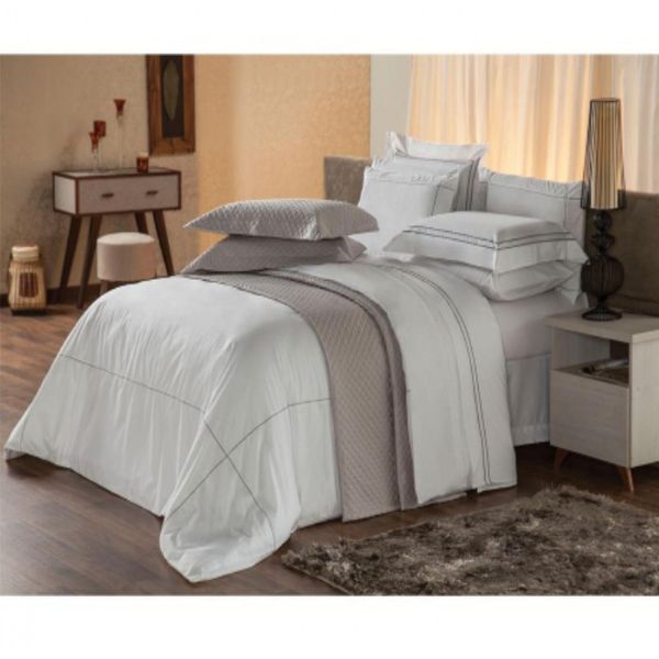 Jogo de Cama Casal Plumasul Harmonious Silver 230 Fios com 4 Peças Branco com Cinza