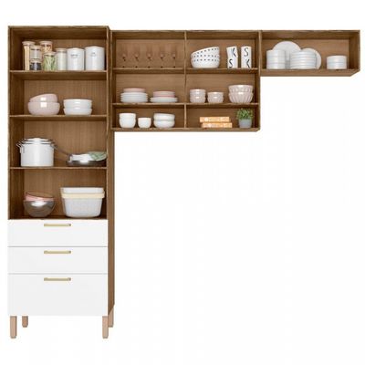 Cozinha Compacta Bartira Veneza com 4 Portas, 3 Gavetas e 4 Prateleiras 250,8cm Branco com Marrom