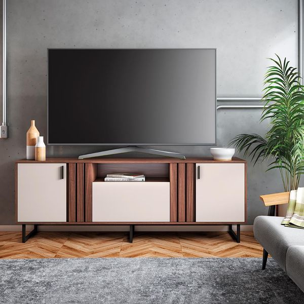 Rack Juruá para TV de até 70 Colibri Móveis Nogueira Real com Off White Rack Juruá para TV de até 70 Colibri Móveis Nogueira Real com Off White