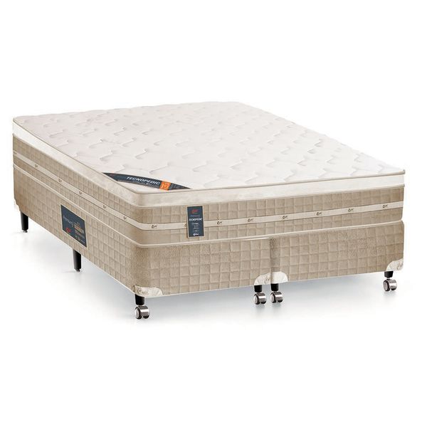 Cama Box King Size Castor Premium com Mola Tecnopedic 69x193x203 Branco com Bege