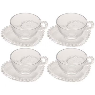 Conjunto com 4 Xícaras e Pires para Chá Wolff Pearl Coração em Cristal 180 ml Transparente
