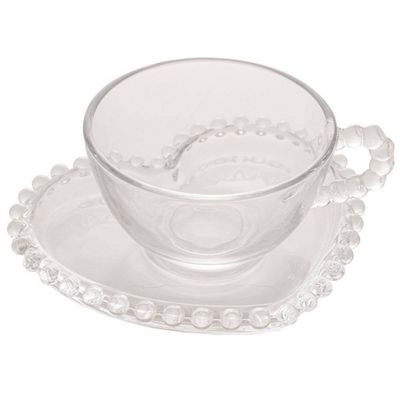 Conjunto com 4 Xícaras e Pires para Chá Wolff Pearl Coração em Cristal 180 ml Transparente