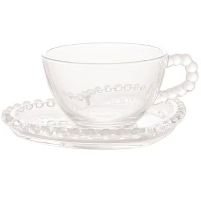 Conjunto com 4 Xícaras e Pires para Chá Wolff Pearl Coração em Cristal 180 ml Transparente
