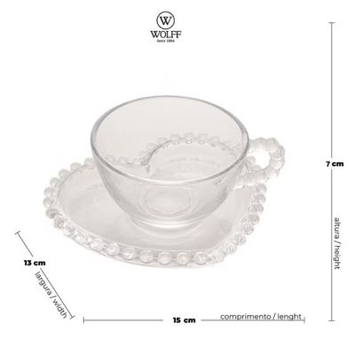Conjunto com 4 Xícaras e Pires para Chá Wolff Pearl Coração em Cristal 180 ml Transparente