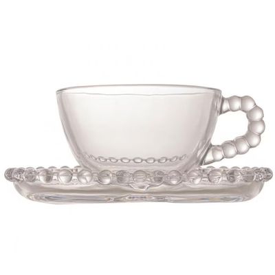 Conjunto com 4 Xícaras e Pires para Chá Wolff Pearl Coração em Cristal 180 ml Transparente