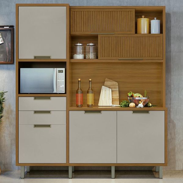 Cozinha em MDF Loft Imperatriz 6 Portas e 2 Gavetas 183cm Nesher Off White com Marrom