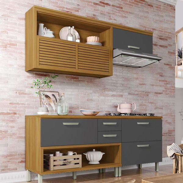 Cozinha Compacta Nesher Princesa com 4 Portas 3 Gavetas e 7 Prateleiras Freijo e Grafite