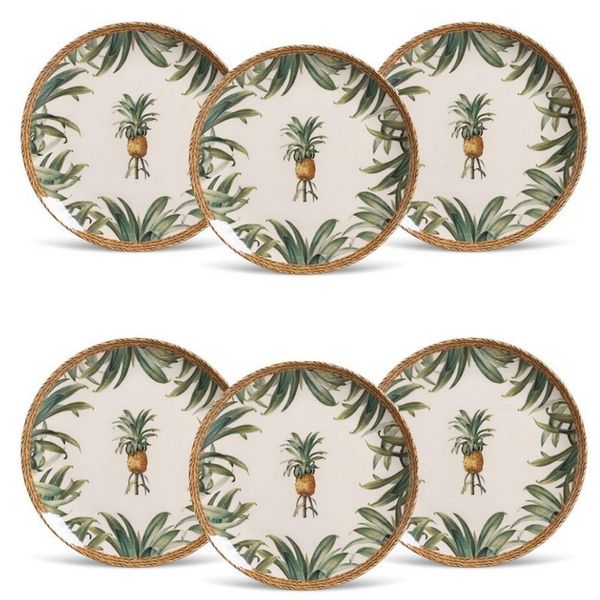 Conjunto de Pratos Rasos Porto Brasil Coup Pineapple Natural 6 Peças Estampado