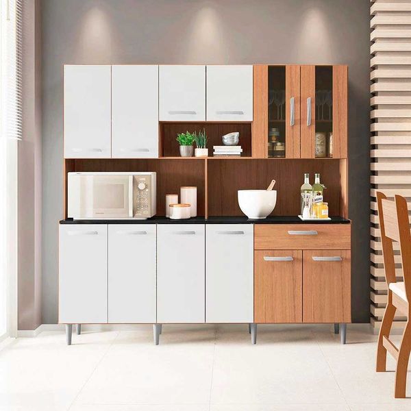 Cozinha Compacta Clara com 12 Portas 1 Gaveta Poliman Carvalho com Branco Cozinha Compacta Clara com 12 Portas 1 Gaveta Poliman Carvalho com Branco